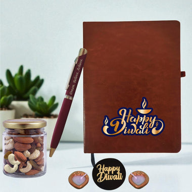 Diwali Gift Set - Leather Diary, Engraved Pen, Dry Fruit Jar & Diyas.