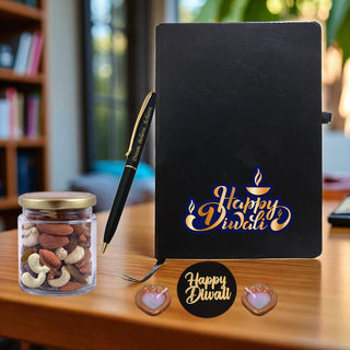 Diwali Gift Set - Leather Diary, Engraved Pen, Dry Fruit Jar & Diyas.