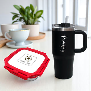 Customized Kids Lunch Box Combo Small Red Lunch Box + 500 ml Black Mini Tumbler with Name.