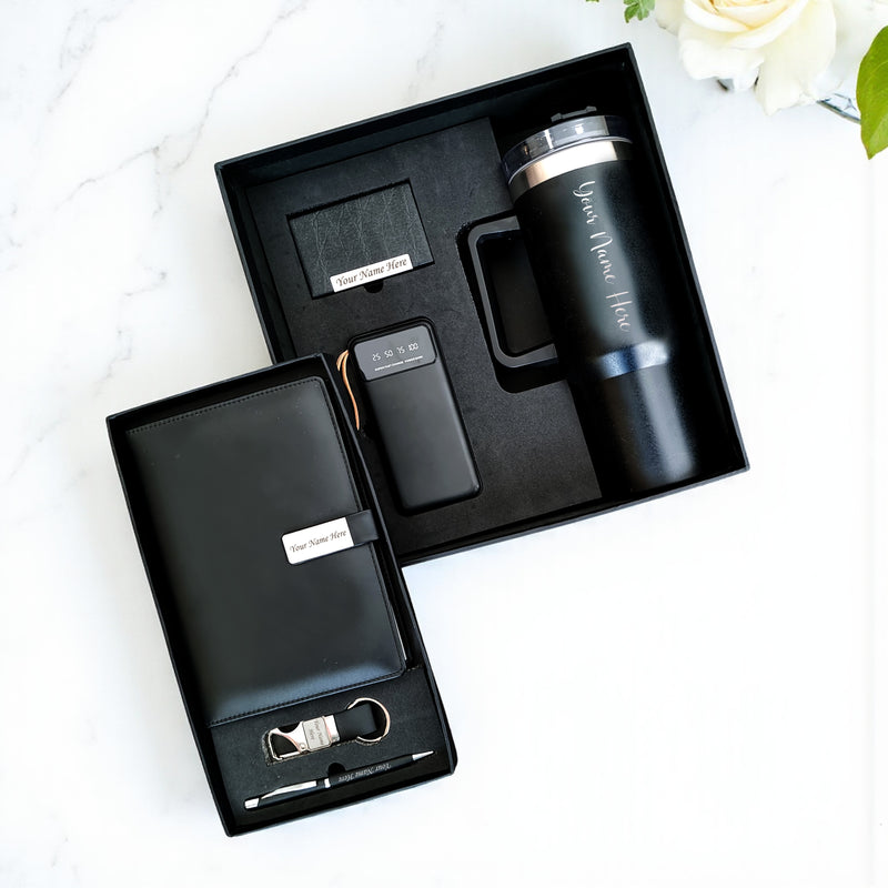 Personalized 6-in-1 Corporate Set – Custom Name/Logo Engraved 1200ml Tumbler, Diary, Pen, Keychain, Cardholder & 10,000 mAh Power Bank