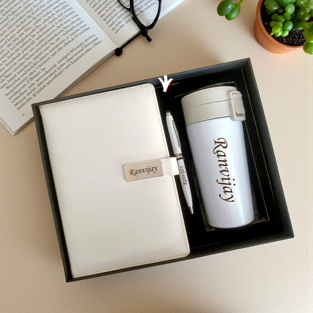 Customized 3 in 1 Corporate Gift Set which includes Diary, Tumbler & Metal Pen.