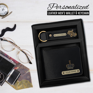 Personalized Leather Men's Wallet with Key chain - Engraved with Name -